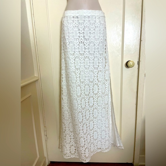 Trina Turk White Crochet Maxi Skirt with Long Slit